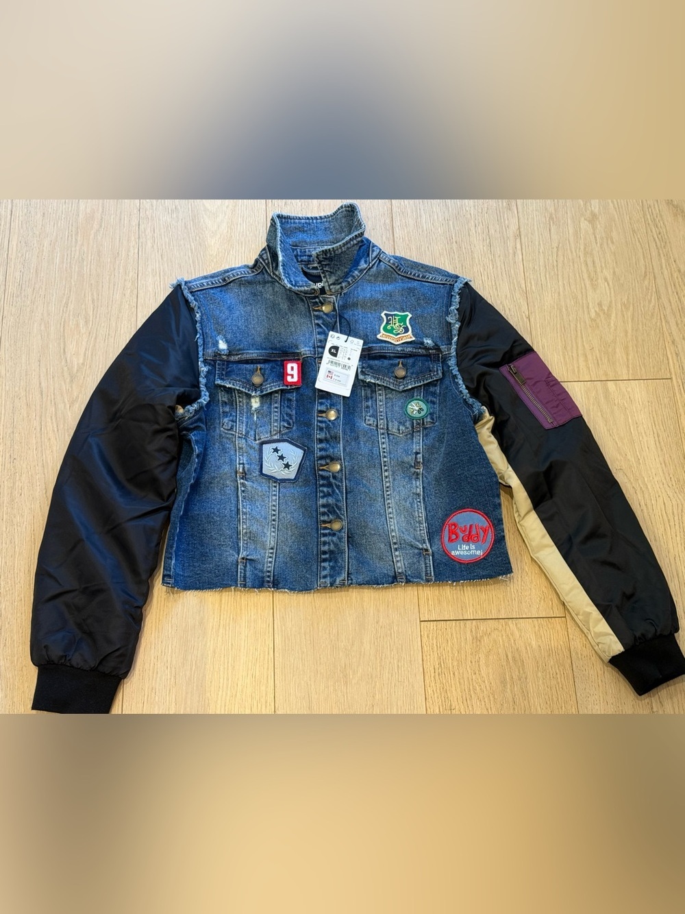Desigual NWT Rare Hybrid Denim Bomber Jacket XL Patchwork Cropped Streetwear - Picture 4 of 9